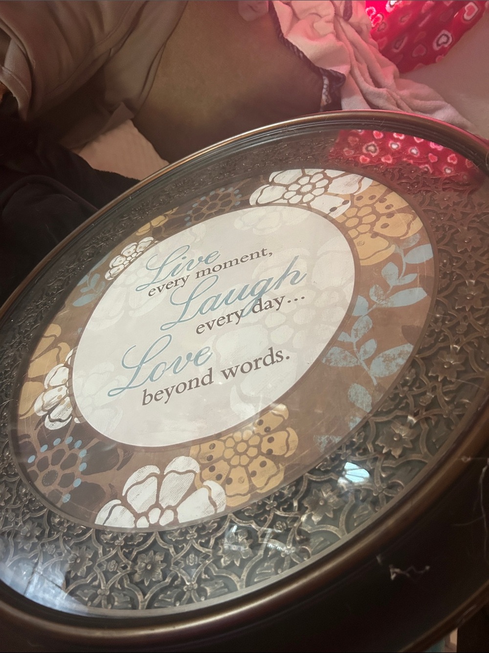 Source Unknown Brown and Blue 'Live Laugh Love' Floral Round Accent Tray